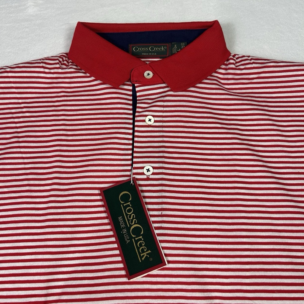 Cross Creek Polo Golf Shirt Size L Red Striped 100% Cotton Made In USA NWT‎